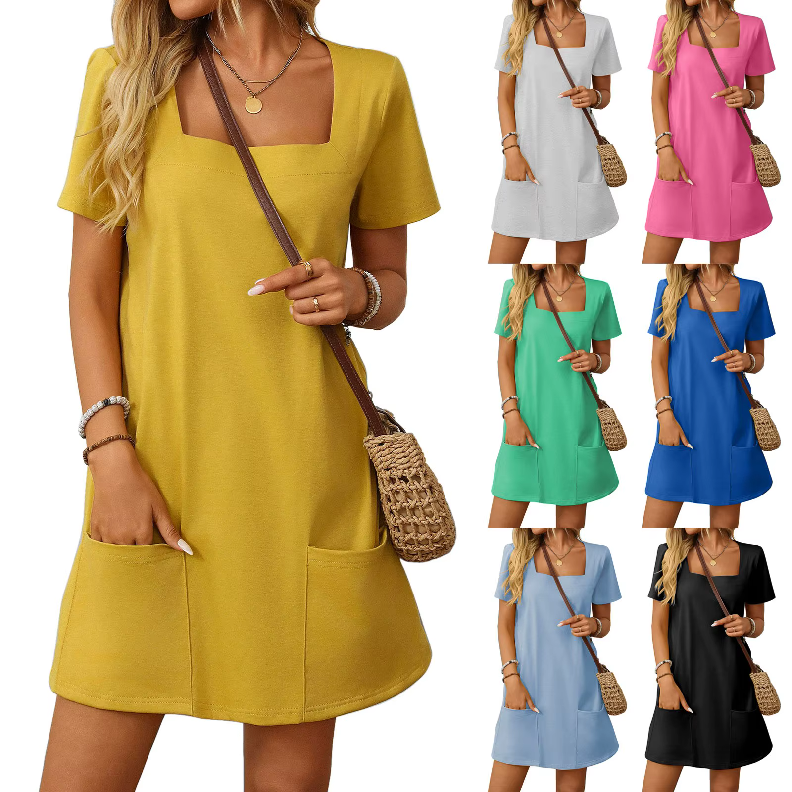 Femmes col carré t-shirt robes nouvelle mode d'été à manches courtes coton chemise Mini robe poche décontracté robe de plage femme