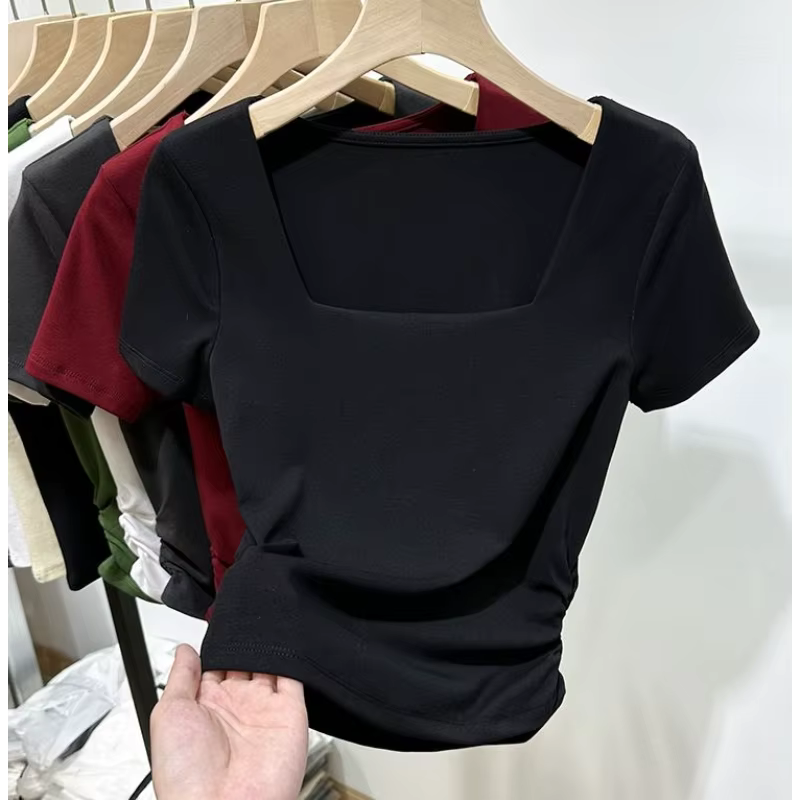 T-shirt à manches courtes et col carré pour femmes, nouveau haut d'été Slim Chic à belle taille