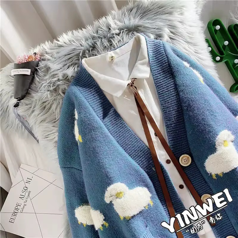Bleu mouton dessin animé col en v à manches longues pull tricoté en vrac femmes Cardigan mode coréenne hiver épais