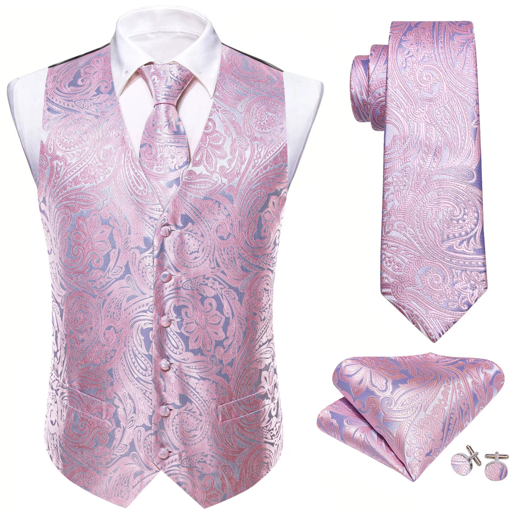 Ensemble de gilet et cravate jacquard pour homme 4 pièces, motif cachemire floral, avec pochette de costume et boutons de manchette, pour costume, smoking, mariage