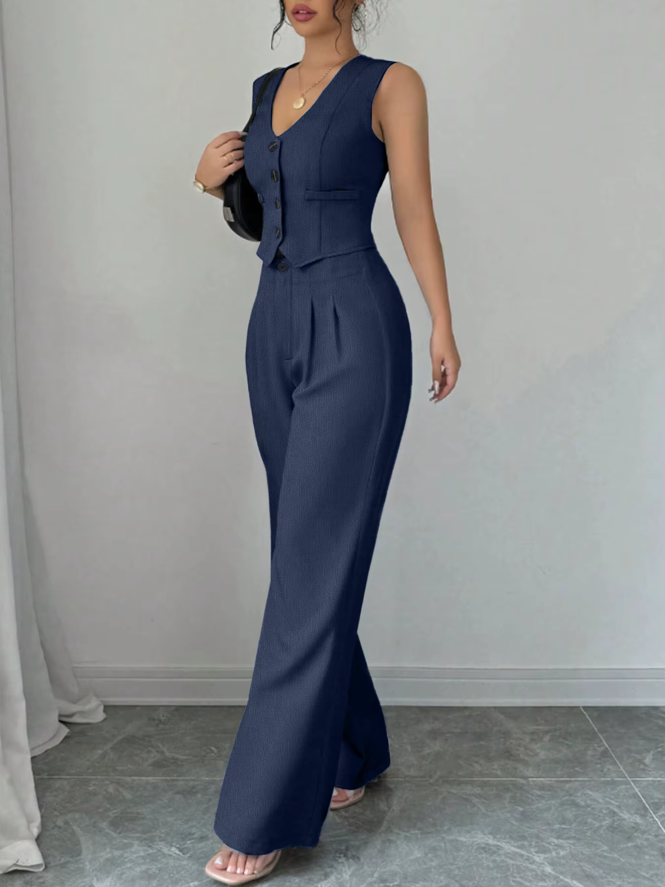 Ensemble tailleur pantalon femme printemps-été bleu marine, gilet sans manches et pantalon large taille haute, élégant pour le bureau ou décontracté, tenue deux pièces