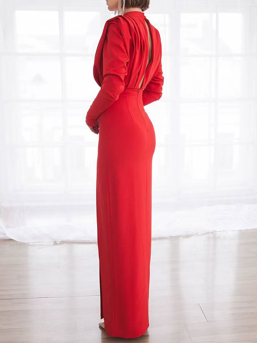 Robe longue fendue à col haut, à la mode, Style élégant, en Fiber de Polyester, manches longues, robe mi-longue pour printemps et été, nouvelle collection