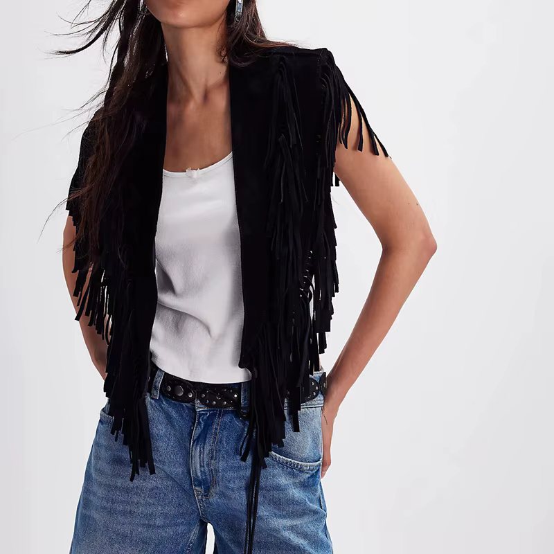 Gilet en daim vintage Y2K pour femme, style hippie années 70, sans manches, ouvert sur le devant, avec franges et patchwork, col à franges