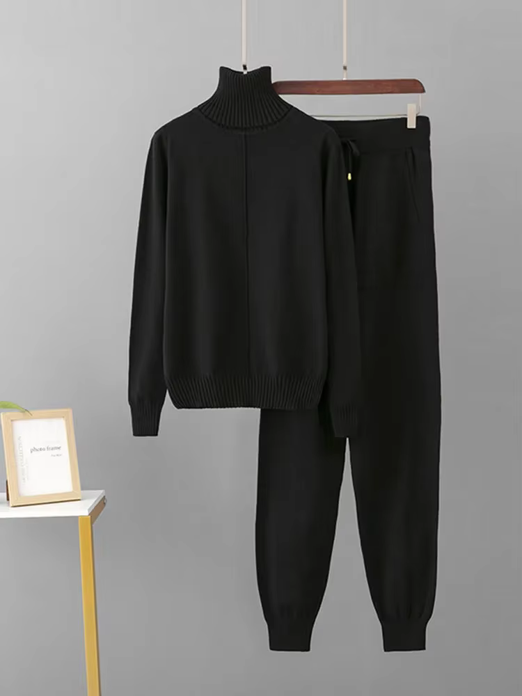 Femmes col roulé tricots pull hauts pullover Conjuntos taille haute décontractée sarouel tenue couleur bonbon tricoté 2 pièces ensembles