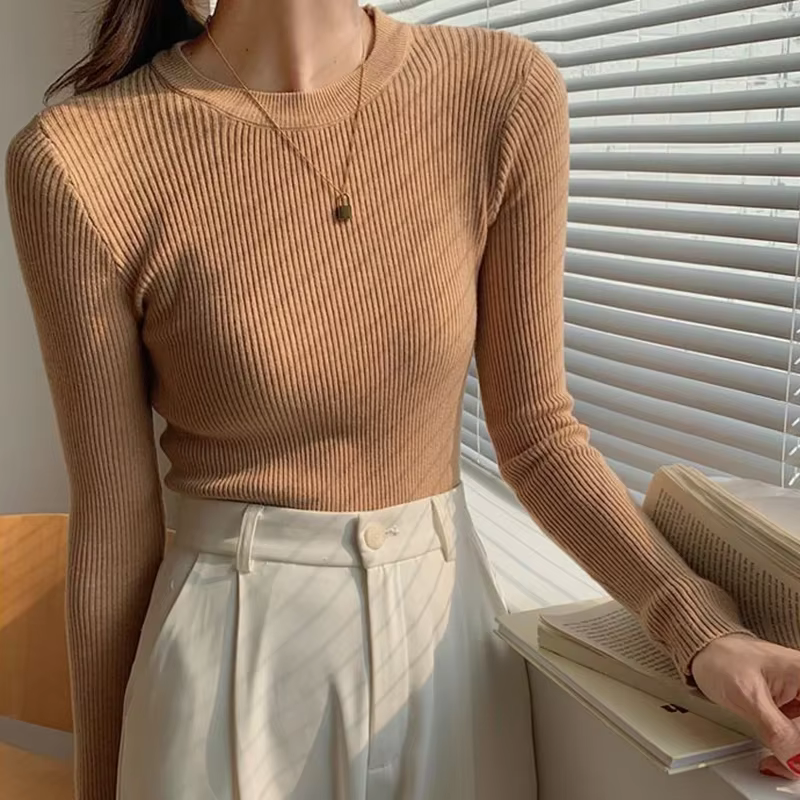 Lucyever-Pull à manches longues et col rond pour femme