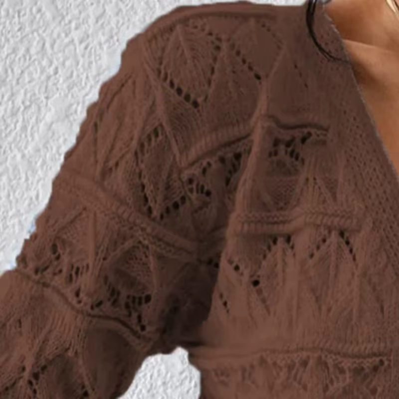 Cardigan en maille marron à col en V ajouré pour femme