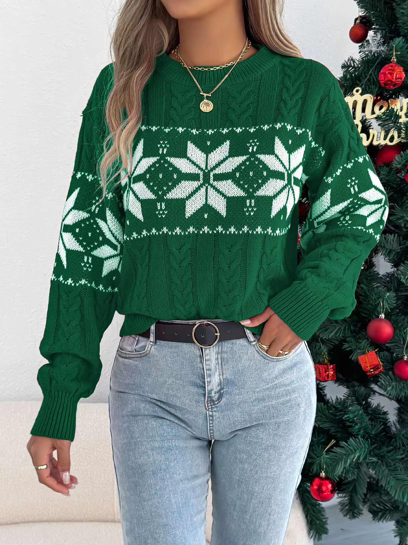 Pull en acrylique tricoté à motif flocon de neige pour femmes, col rond, longues manches, style décontracté, pour automne-hiver, occasions spéciales et garde-robe festive