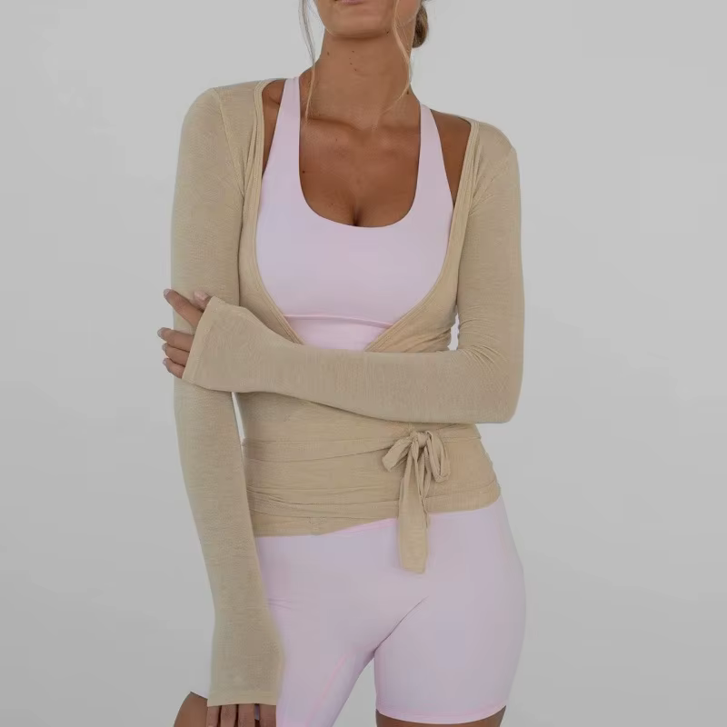 T-shirt de yoga à manches longues pour femmes, haut court, col en V profond, coupe couvertes, décontracté, rond, froncé, devant droit, entraînement, sexy
