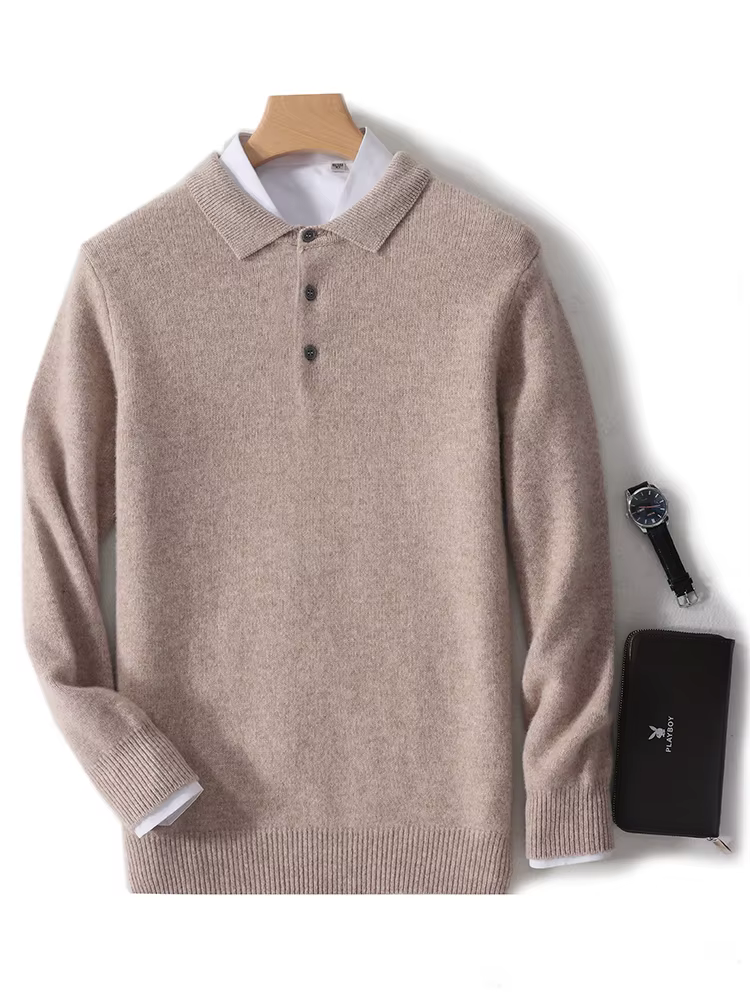 Pull à col POLO pour hommes, épais, manches longues, pulls d'affaires, 100% laine mérinos, chemise en tricot, vêtements de base, nouvelle collection automne hiver