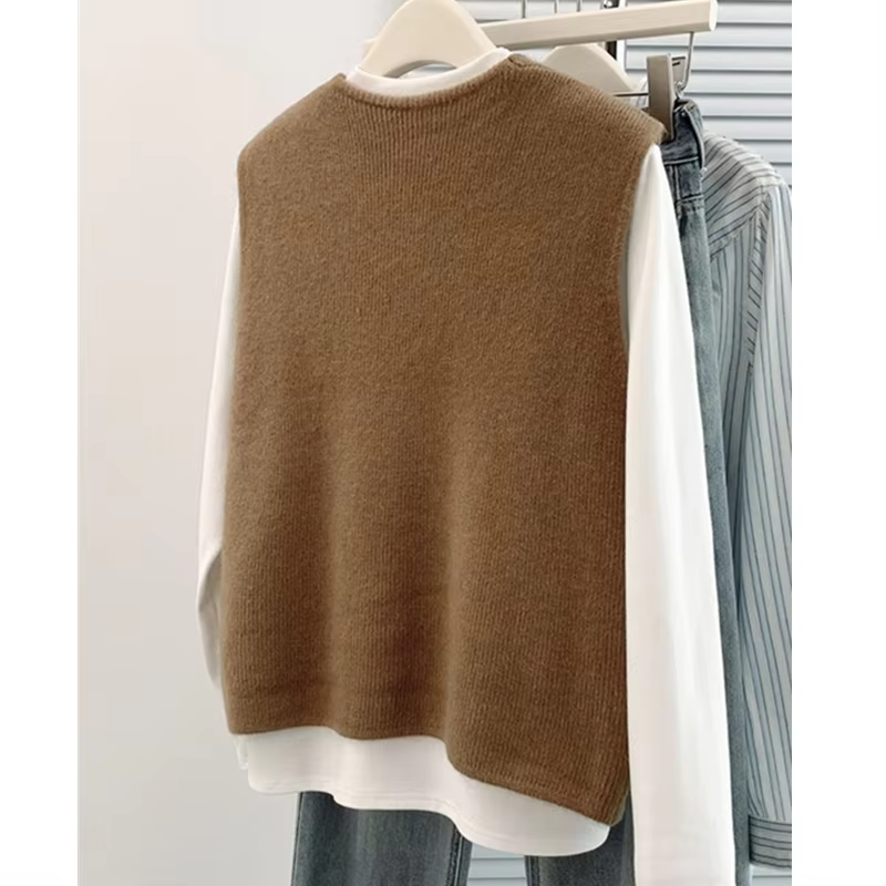 Gilet tricoté doux pour femmes, col en V, boutonnage simple, polyester, pour femmes de tous âges, élégant et décontracté, automne et hiver, sans manches, cardigan, manteau tricoté ample
