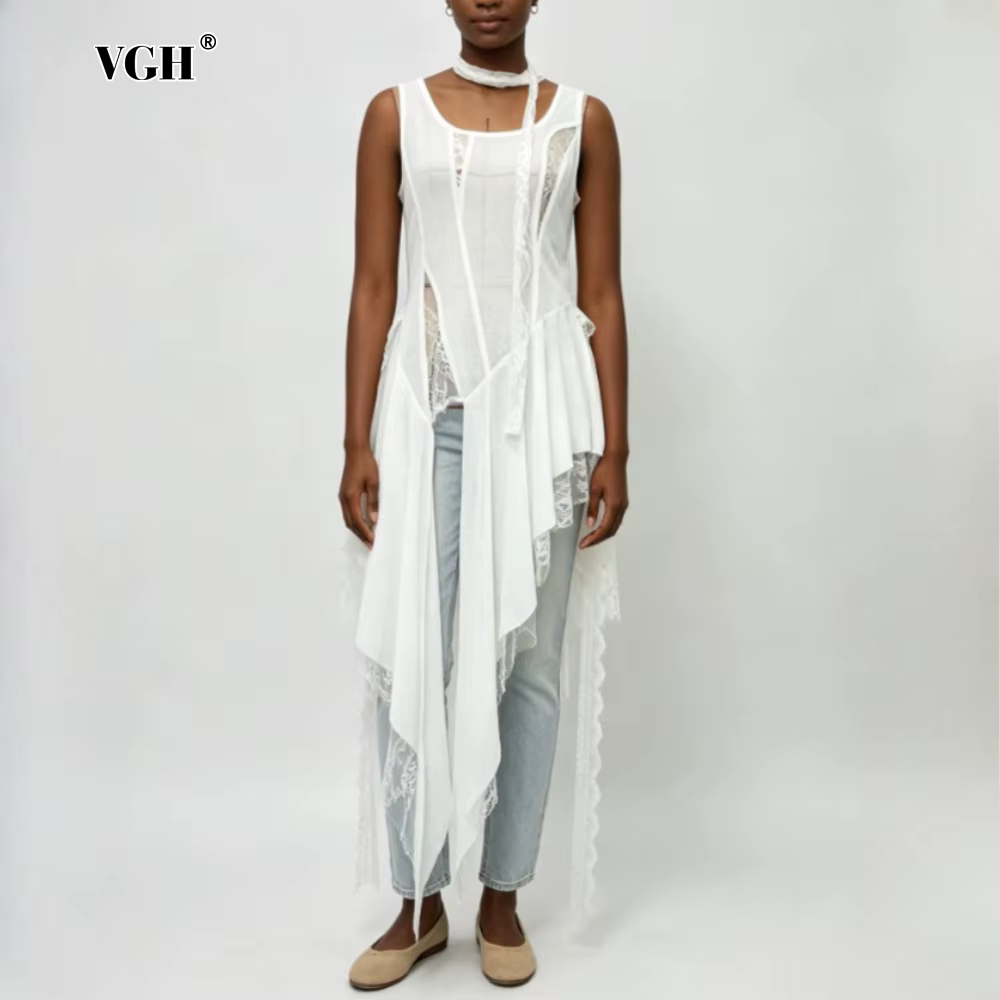 Nouveau Gilet Chic VGH en Dentelle Ample et Épissée pour Femme, Col Rond, Sans Manches, Coupe Irrégulière, Style Tendance Estival Féminin