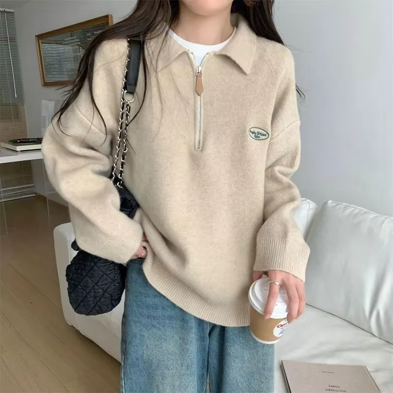 Version coréenne de Simple col Polo fermeture éclair haut pull en tricot femmes automne hiver 2025 nouveau Style polyvalent ample tenue décontracté