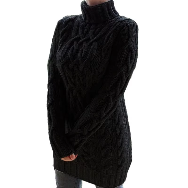 Femmes pull à col roulé nouveau automne hiver épaissir à manches longues tricoté rétro longueur moyenne chandails dames