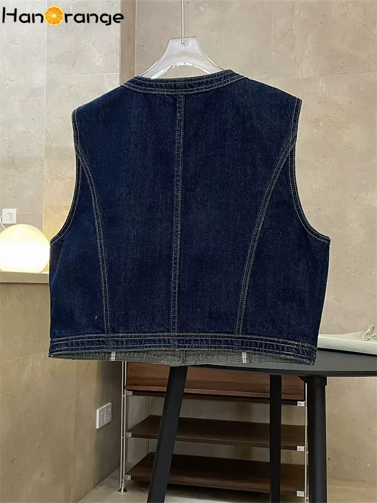HanOrange 2026 – Nouvelle Collection Printemps : Gilet en Jean Femme Style Cowgirl, Sans Col, Court, Sans Manches, Vêtement Vintage Féminin