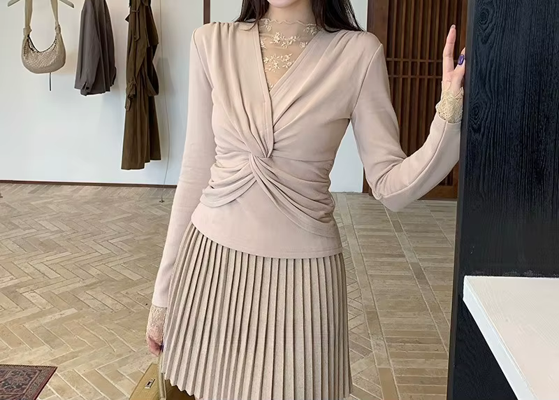 Pull en tricot torsadé en dentelle et col en v pour femme