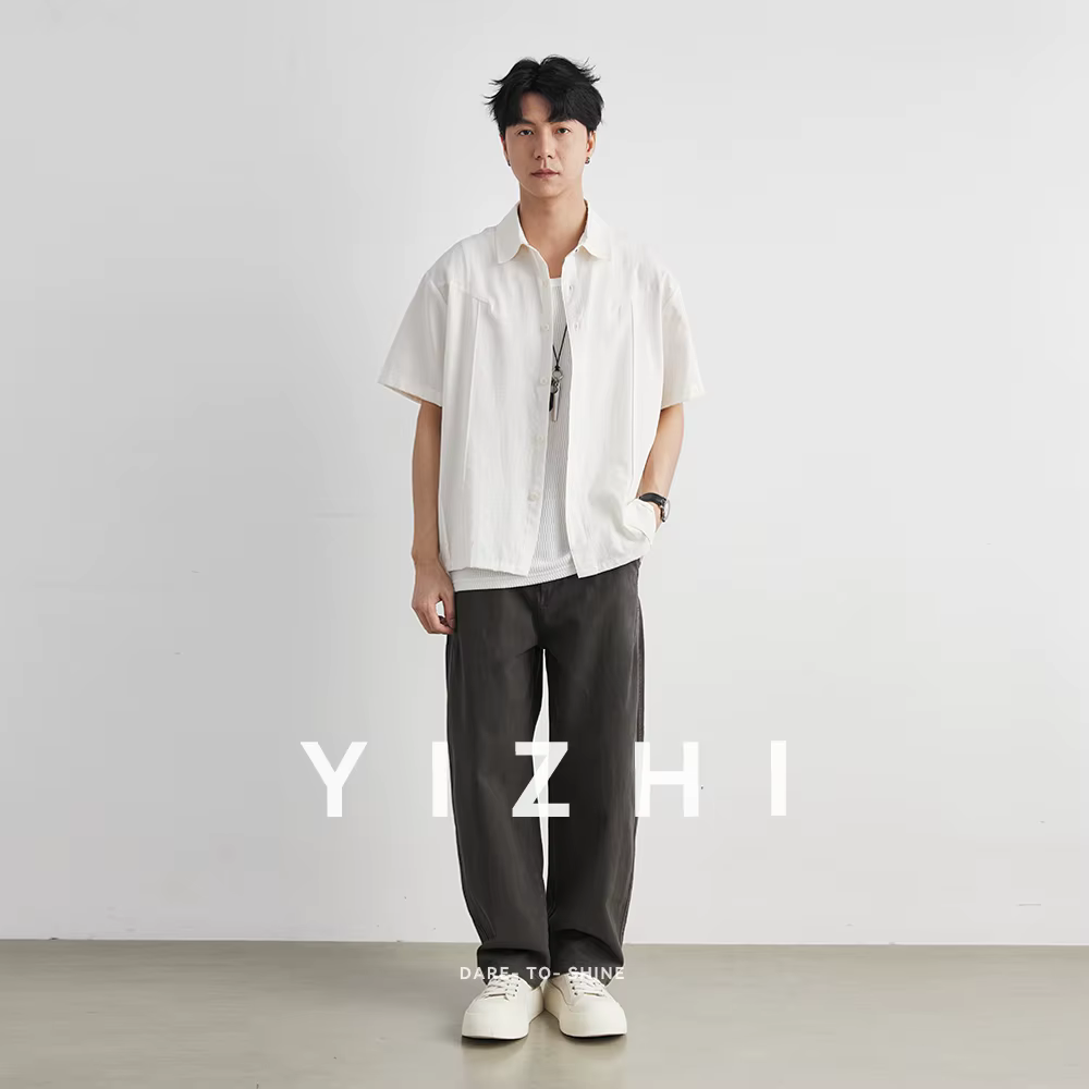 Chemise décontractée pour homme à col cubain, manches courtes, légère et simple, style japonais, coupe ample et épaules tombantes, respirante, été 2026