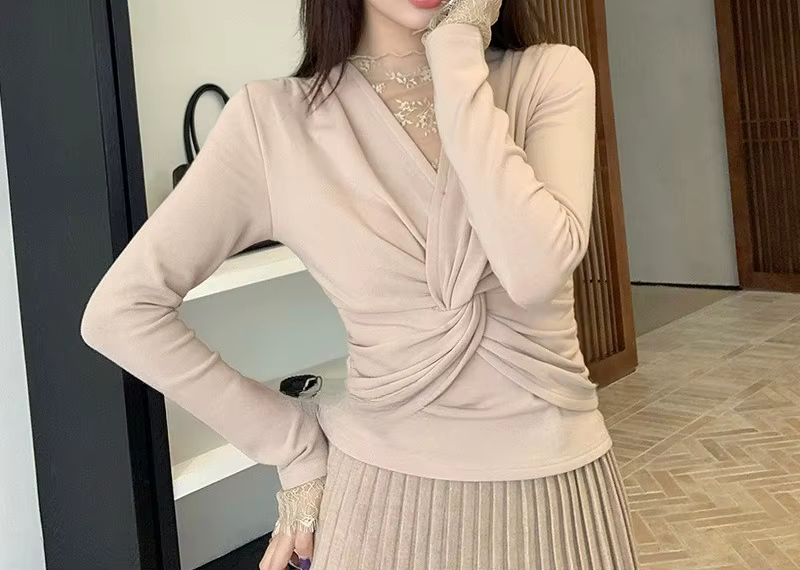 Pull en tricot torsadé en dentelle et col en v pour femme