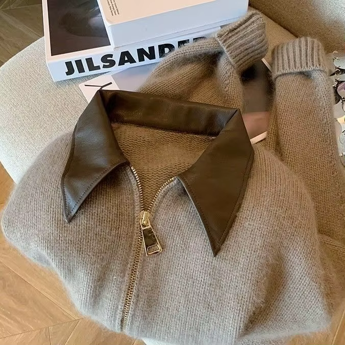 Patchwork fermeture éclair recadrée Chic Cardigan femmes épais automne tricoté pull Bomber veste Vintage années 2000 court ajusté manteau en tricot