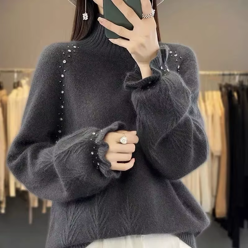Pull à col roulé pour femmes automne/hiver 2025 Dingzhu industrie lourde lâche nouvelle laine tricoté
