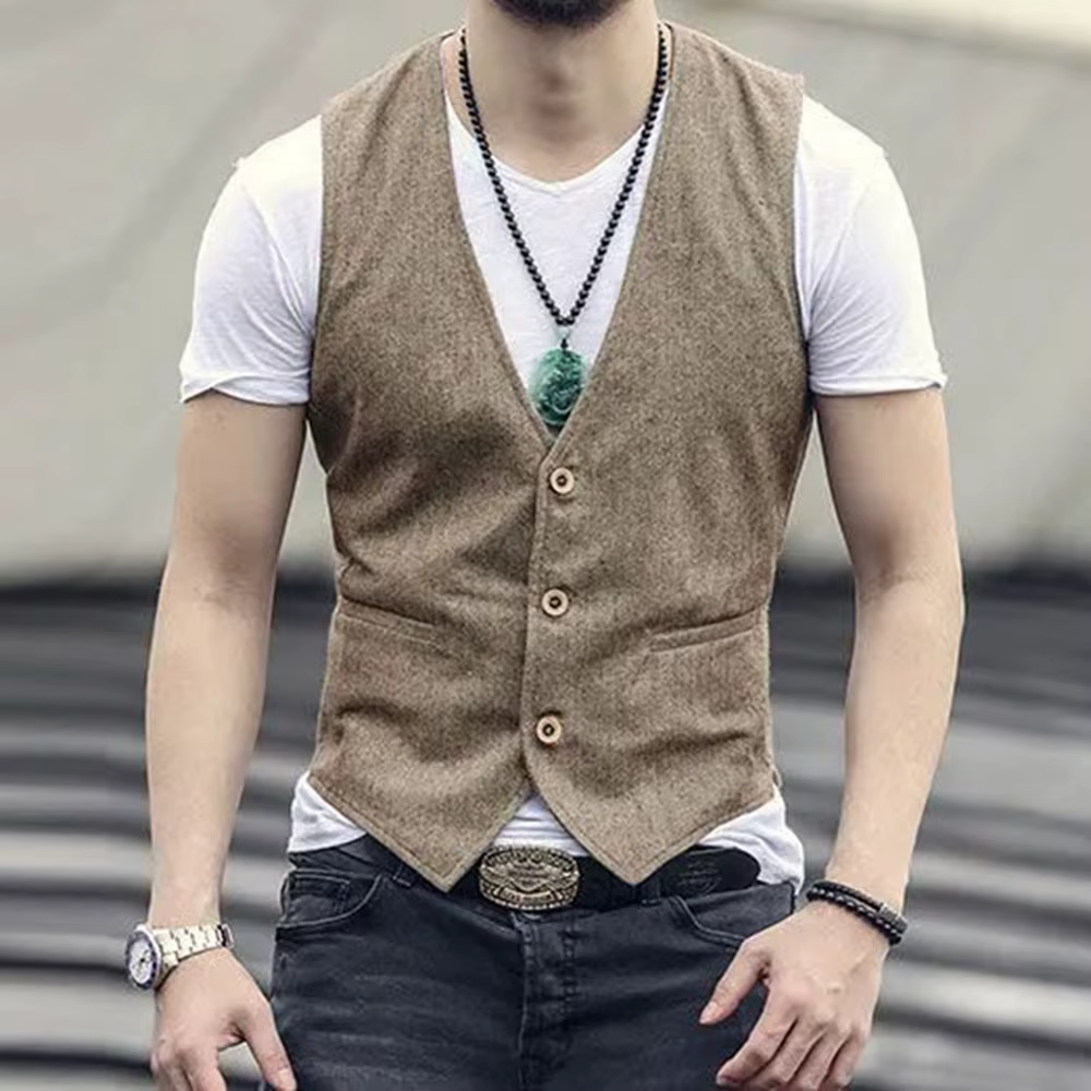 Gilet rétro en lin pour hommes d'affaires, coupe fine, col en v à trois boutons, décontracté et formel, Style britannique, été
