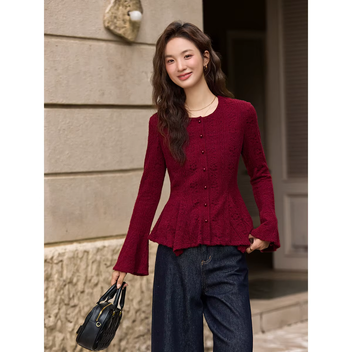 VIMLY Cardigan Élégant pour Femme Hiver 2026 Décontracté Uni Manches Cloche Col Rond Blouse en Dentelle Coupe Ajustée