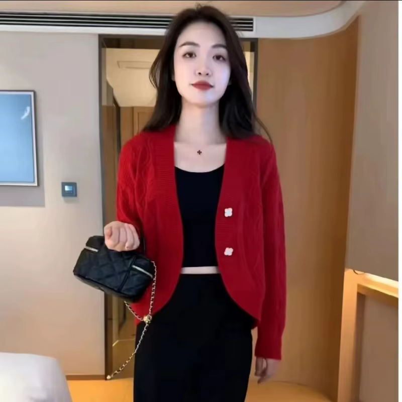 Pull manteau femme printemps automne nouvelle mode torsion col en v court tricoté Cardigan haut