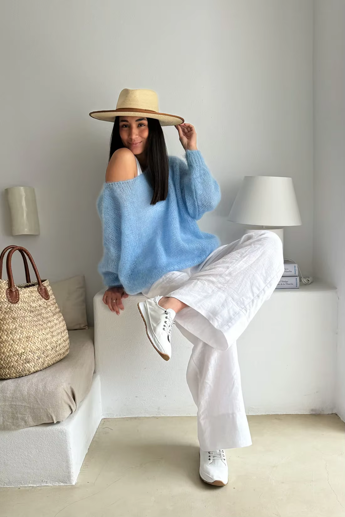Pull bleu ciel décontracté pour femmes, épaules dénudées, confortable et élégant pour automne et hiver