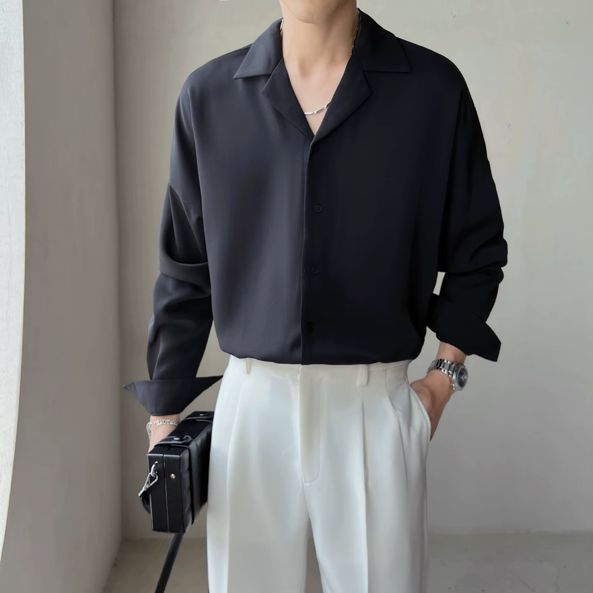 Chemise à Manches sulfpour Homme, Col Cubain Solide, Beau, Décontracté, Sans Fer, observateur, Style Coréen, Ice InjShirt