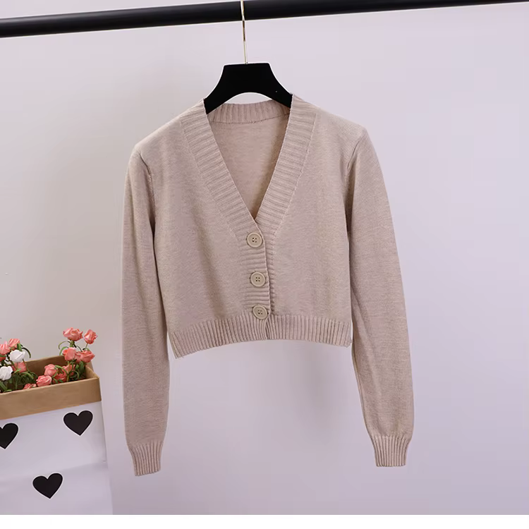 Cardigan court à col en V pour femmes, noir, blanc, simple boutonnage, GD153
