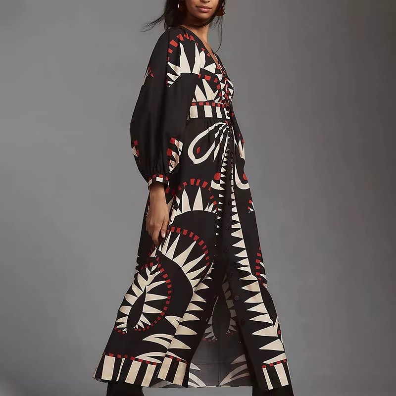 Robes imprimées noires à col en v, manches lanternes, mode dame, taille haute, longues, classiques, nouvelles tenues de vocation féminines, 2025