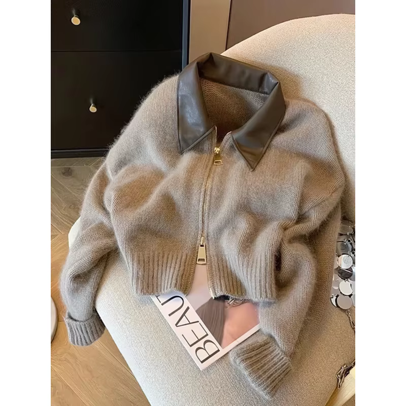 Patchwork fermeture éclair recadrée Cardigan femmes 400g épais automne tricoté pull Bomber veste Vintage 2000s court ajusté tricots manteau