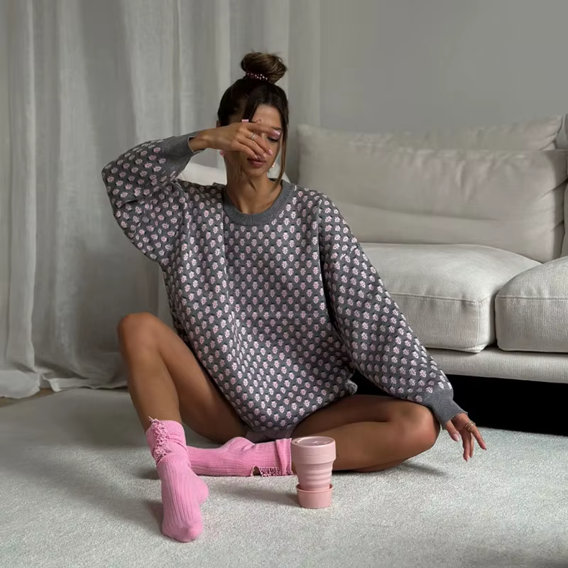 Pull en tricot Jacquard femme, manches longues, col rond, ourlet élastique, style décontracté pour automne hiver occassions spéciales