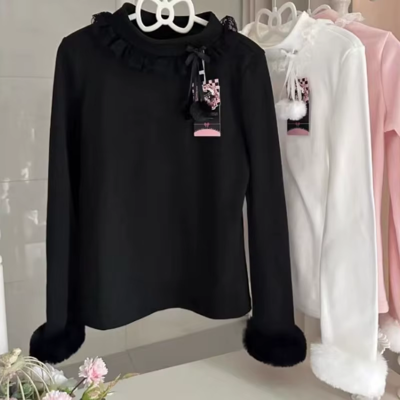 Doux dentelle volants Ropa Mujer 2026 vêtements Femme fourrure épissé à manches longues Pulls Femmes Y2k