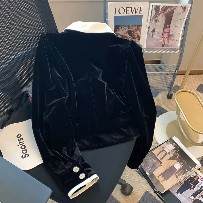 Manteau à col en velours noir pour femme, chemise à haut sens, nouvelle mode printemps, vêtements d'extérieur pour dames, 2026