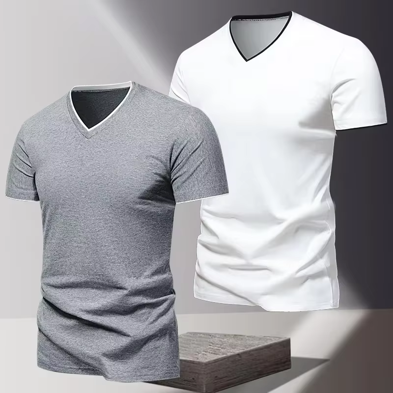 T-shirt pour homme à col en V et manches courtes, T-shirt de sport et de loisirs pour homme, T-shirt basique uni tendance et simple