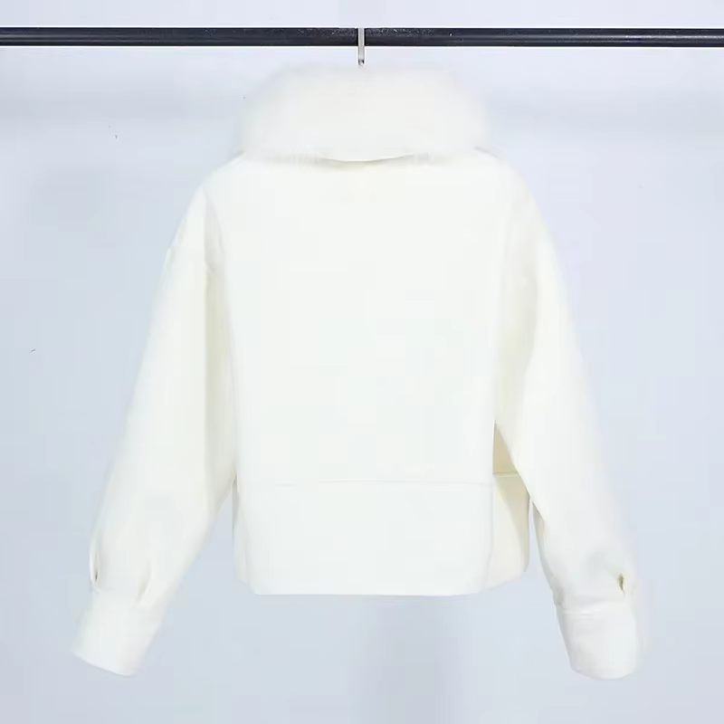 Manteau court décontracté pour femme avec col en fourrure de renard
