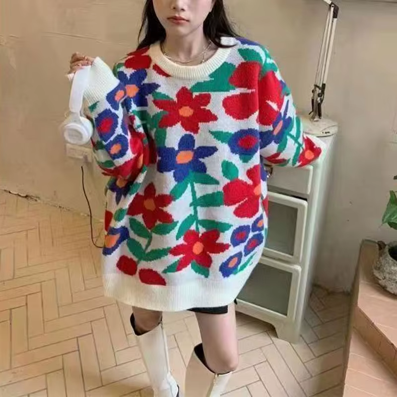 Pulls à manches longues College de fleurs douces pour femmes, pulls épissés à col rond, vêtements d'automne et d'hiver, mode décontractée