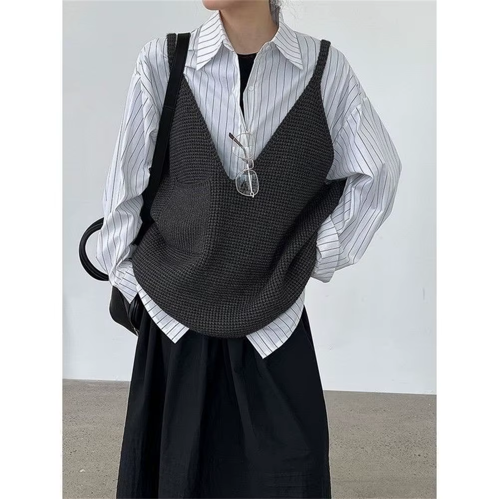 Femmes noir gris surdimensionné décontracté tricot gilet nouveau col en V sans manches pull mode printemps automne