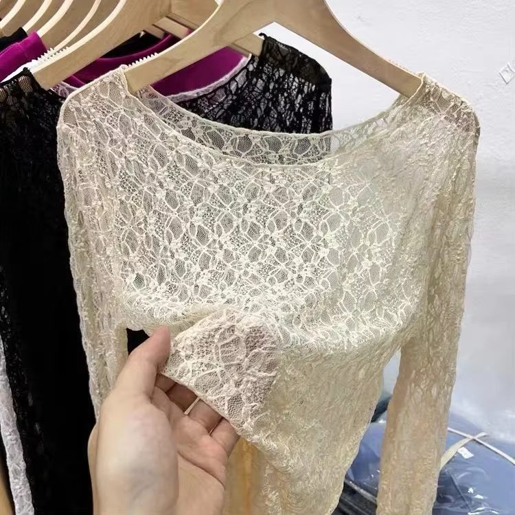 Pull en dentelle pour femmes, col rond, design floral, coupe cintrée, manches longues, collection printemps automne, occase spéciale, cadeau d'anniversaire