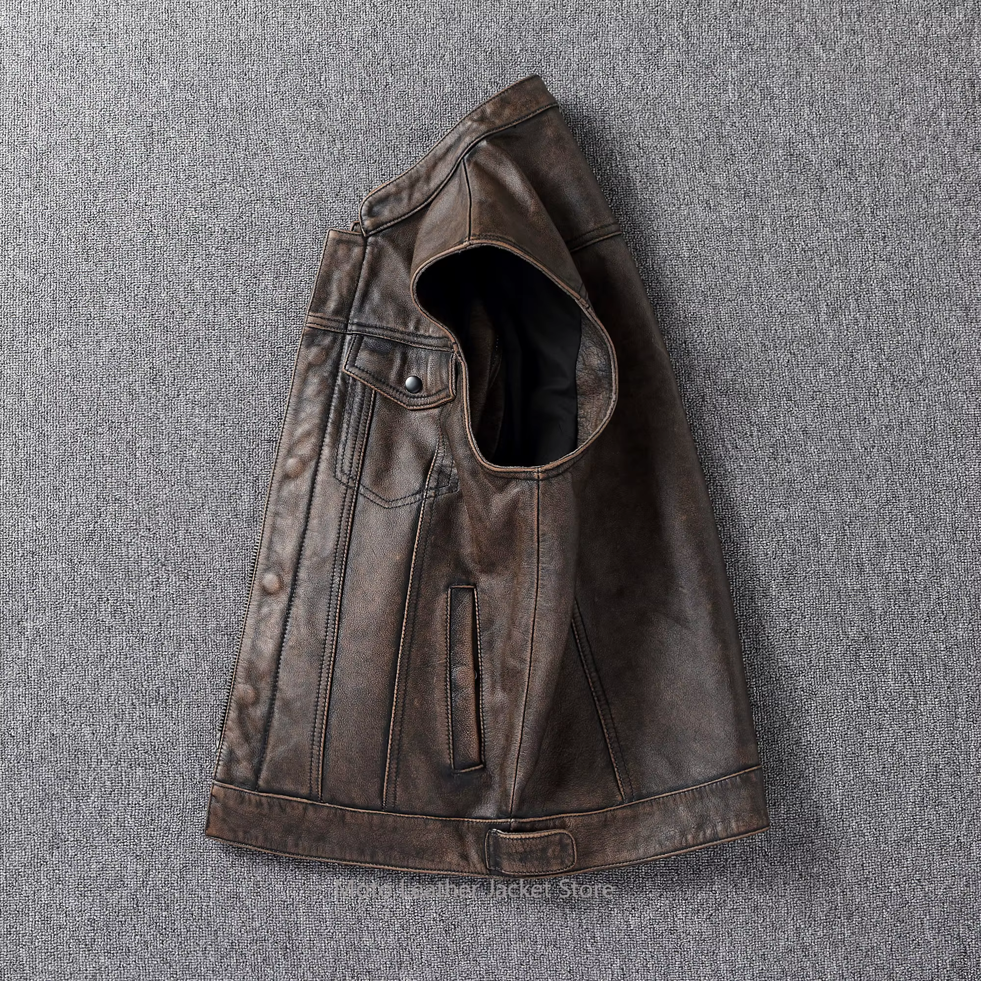Gilet de motard vintage en cuir de vachette première couche vieilli pour homme – Veste de moto en cuir véritable