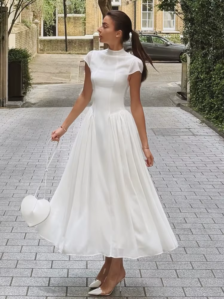 Robe longue moulante à col semi-montant pour femme, couleur unie, manches courtes, taille cintrée, coupe trapèze, élégante, nouvelle collection