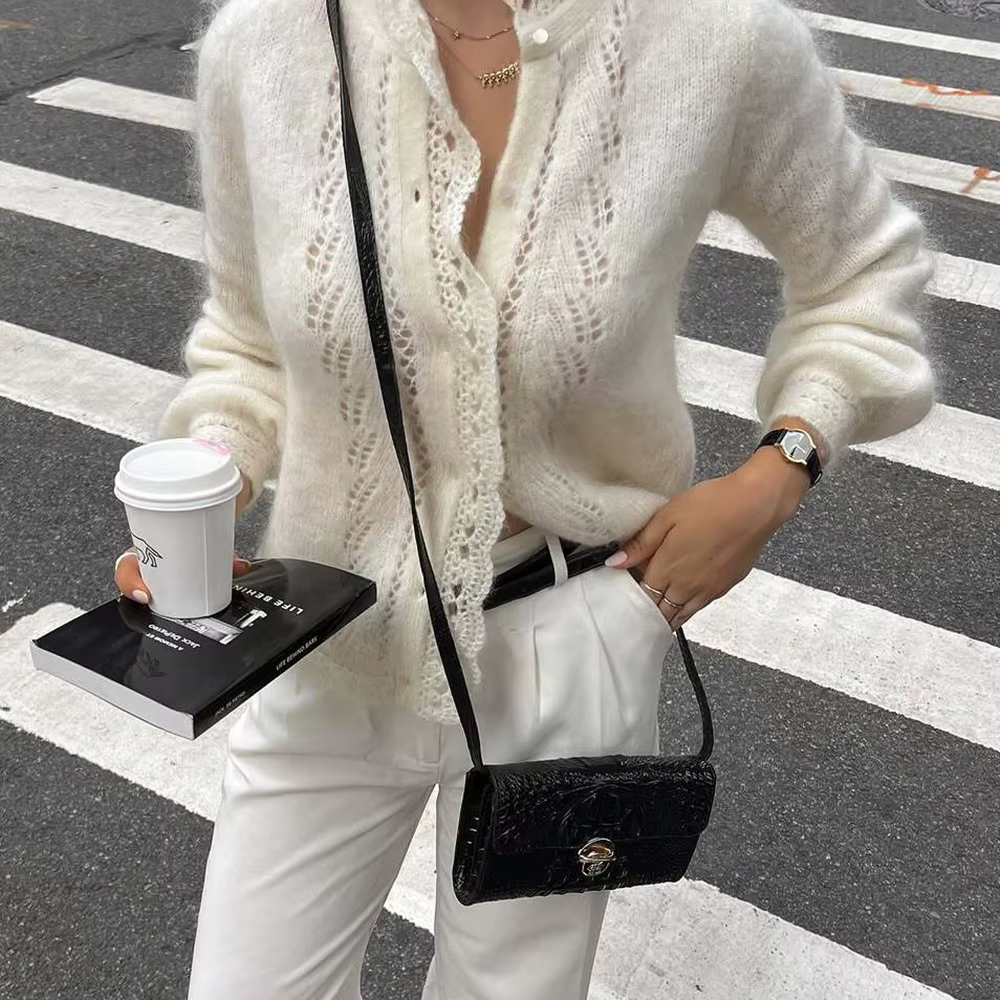 Talenza blanc femmes Cardigan mode dentelle évider décontracté surdimensionné printemps chandails Chic banlieue Streetwear femme pulls