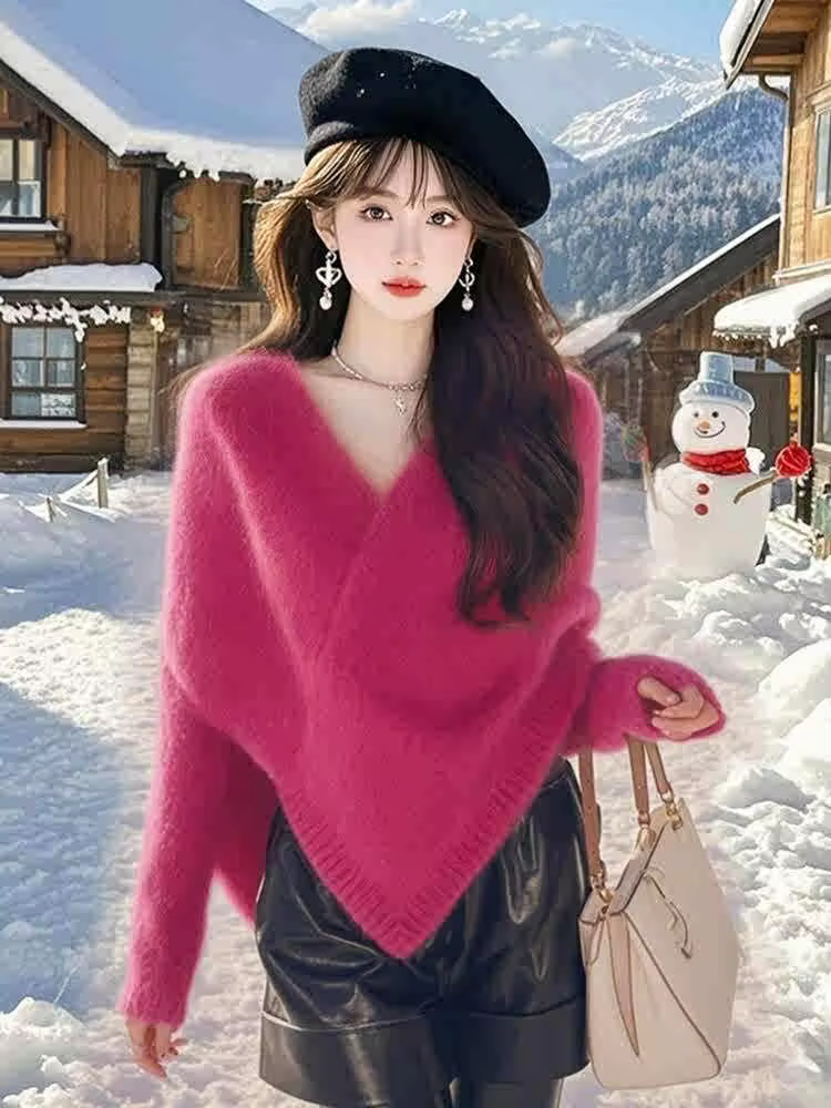 Femmes asymétrique Cape Poncho pull Mohair élégant Style Noble automne hiver hauts