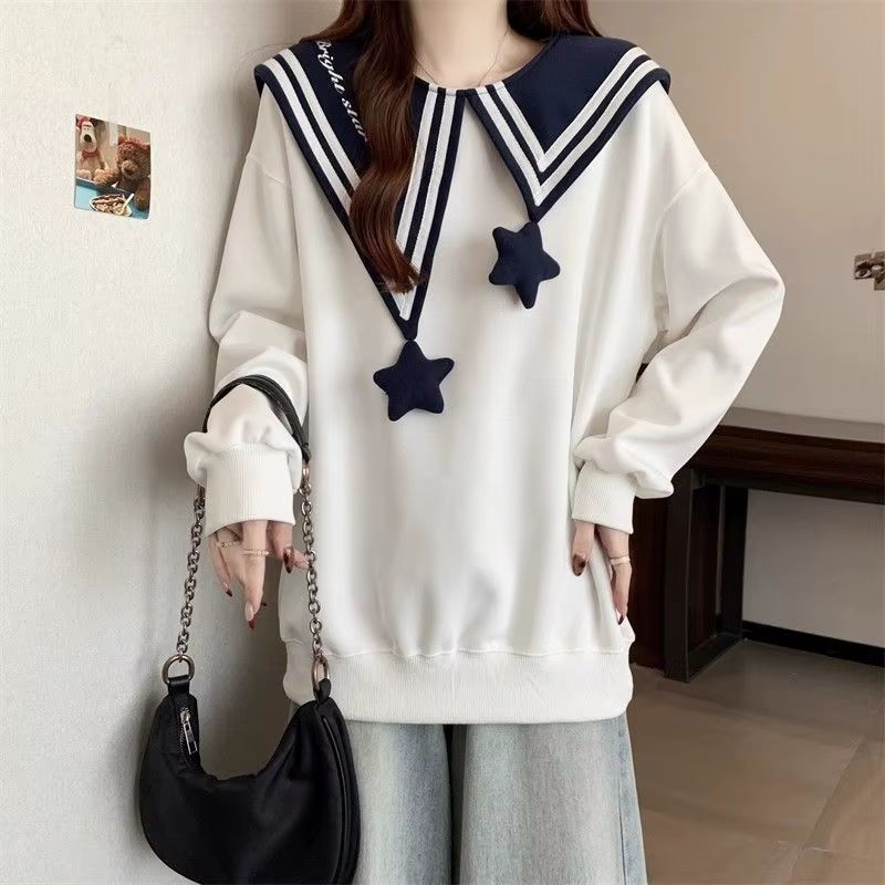 Sweat-shirt Y2K pour femme, col marin, coupe oversize, épaules tombantes, blanc, manches longues, avec breloques étoiles 3D mignonnes, style preppy, haut d'automne