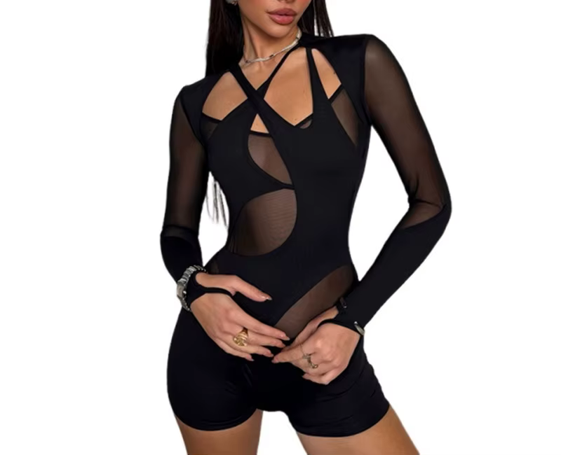 2025 automne et hiver nouvelle mode femme couleur unie Sexy maille Perspective creux Slim Fit combinaison