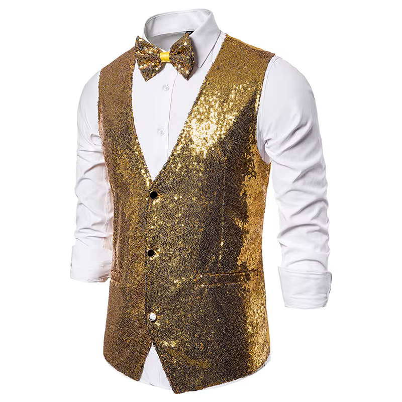 Gilet de luxe pour homme, col en V, coupe ajustée, scintillant, uni, avec nœud papillon, pour mariage, fête, cérémonie, veste sans manches