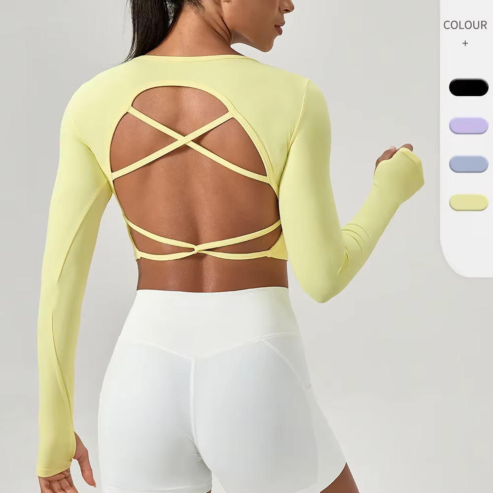 Vêtements de Yoga pour femmes, chemise serrée à manches longues avec coussinets de poitrine, beau dos croisé, haut de sport, séchage rapide, vêtements de course et de Fitness