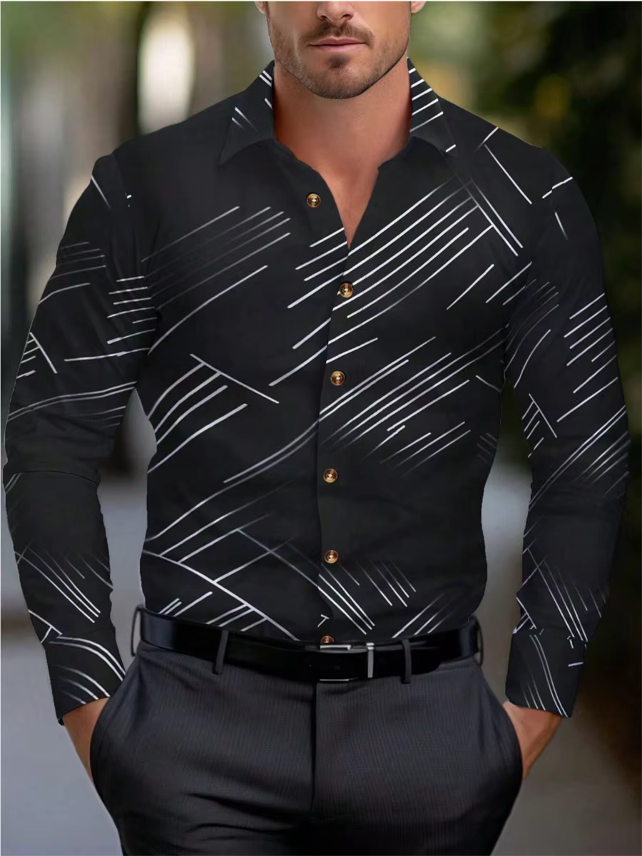 Chemise col rond pour hommes, manches longues, revers rayé, chemise décontractée pour le printemps, l'automne, l'hiver et l'été