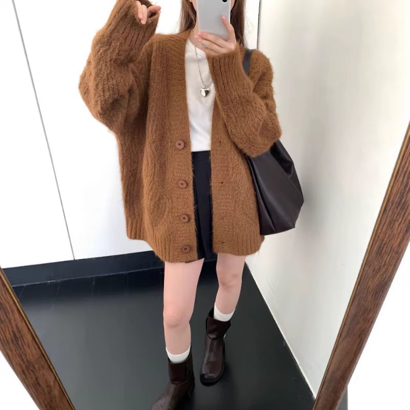 Manteau Cardigan tricoté Long à col en v, chaud et paresseux, manteau pull pour femme, automne et hiver