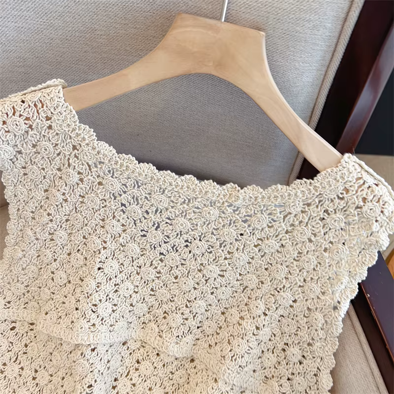Vintage Boho Style Beige Crochet dentelle gilet femme sans manches tricot débardeur printemps été court couvrir élégant